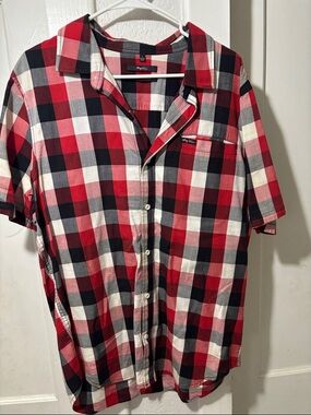 LRG Red Black White Plaid Short Sleeve Button-Up Shirt